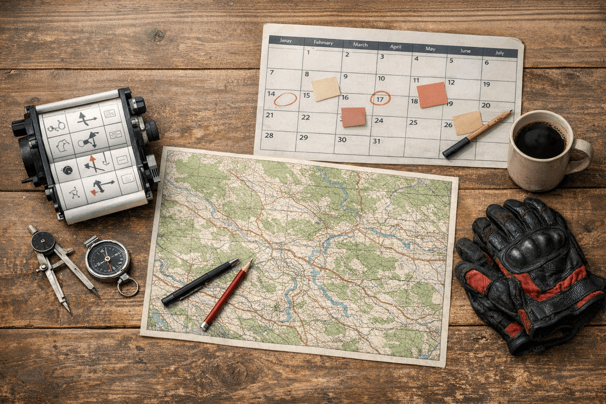 Riders preparing roadbooks on a workbench
